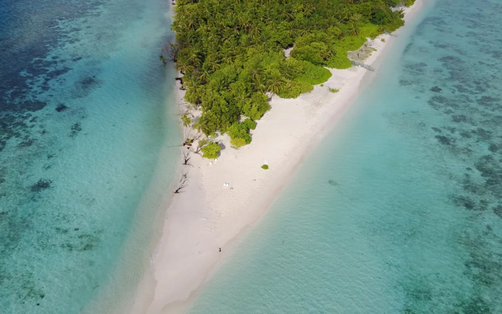An aerial view of a beach with clear turquoise waters and a narrow strip of white sand surrounded by dense green vegetation.