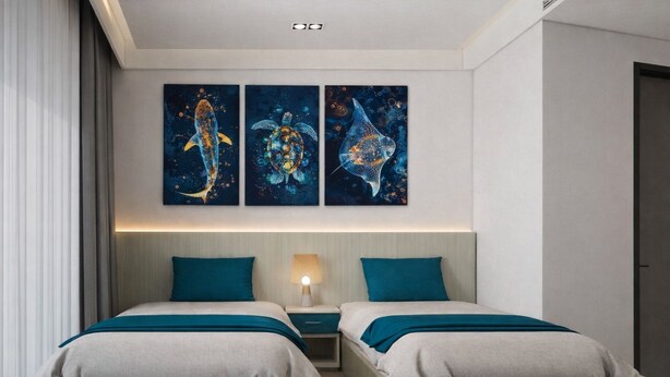 A hotel room with two beds, a nightstand, and three wall-mounted artworks depicting marine life. - Kashiveli Omadhoo (Omadhoo)