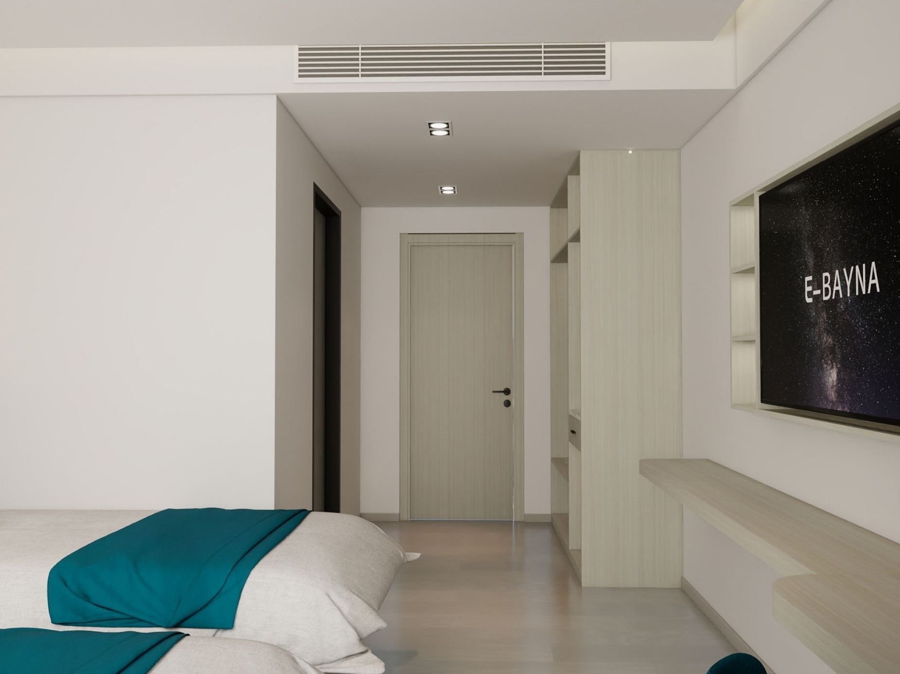 Een moderne hotelkamer met een bed, een aan de muur bevestigde televisie en een deur naar een andere kamer.