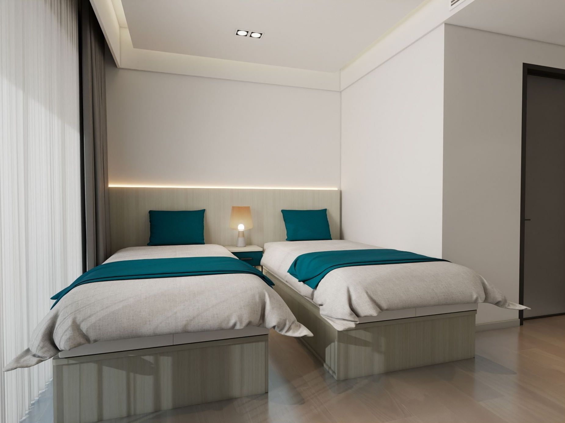 A modern hotel room with two beds, a bedside table with a lamp, and a large window with curtains.