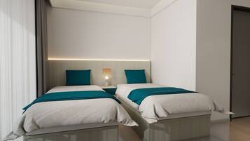 A modern hotel room with two beds, a bedside table with a lamp, and a large window with curtains.