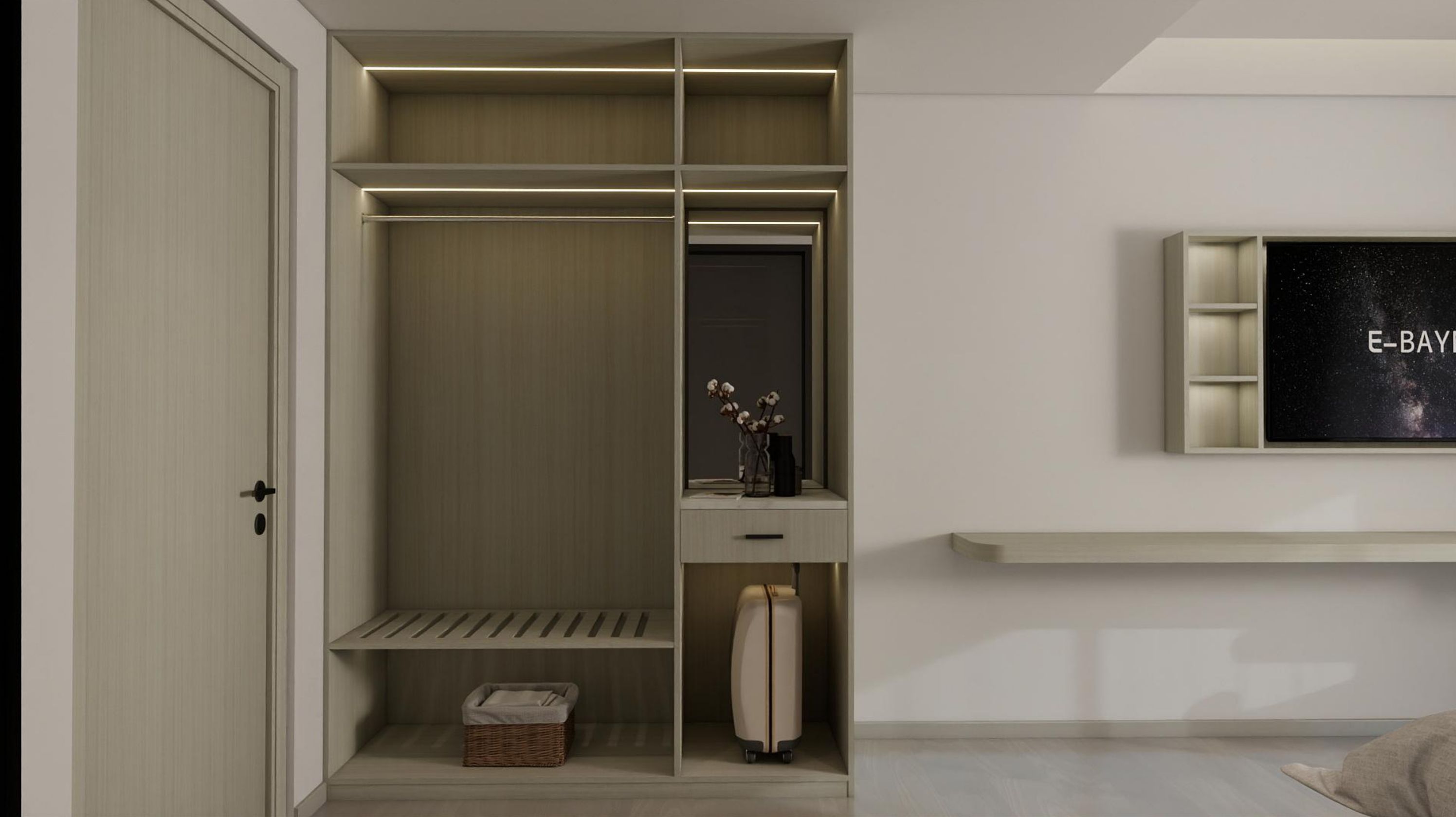 Een moderne kast met verschillende vakken, een klein bankje en een aan de muur bevestigde televisie waarop 'E-BAY' staat.