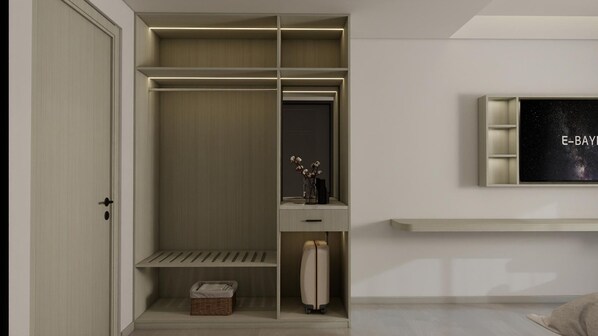 A modern closet with multiple compartments, a small bench, and a wall-mounted TV displaying 'E-BAY'.