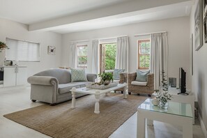 A living room with a sofa, a coffee table, and a wicker chair. There are windows with curtains, a fireplace, and a television on a stand. - Cottage Pie Guest House (Plettenberg Bay)