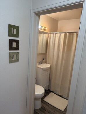 Hair dryer, towels, soap, toilet paper