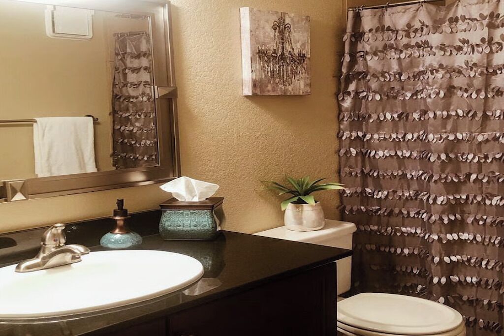 Ein Badezimmer mit Waschbecken, Spiegel, Handtuchhalter, Toilette und Duschvorhang.