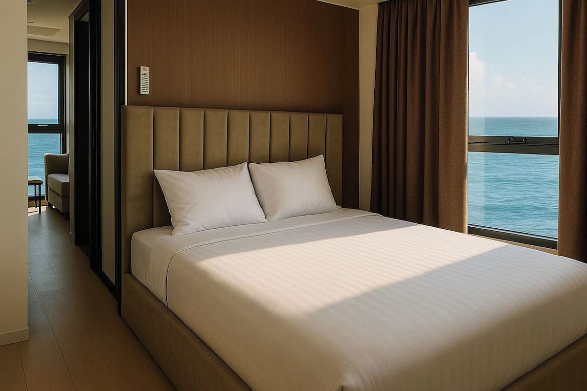Un grand lit avec une tête de lit, une vue sur la mer par la fenêtre et une porte donnant sur une autre pièce.