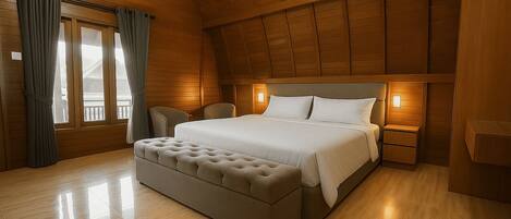 A bedroom with a large bed, a wooden ceiling, and a window with curtains.