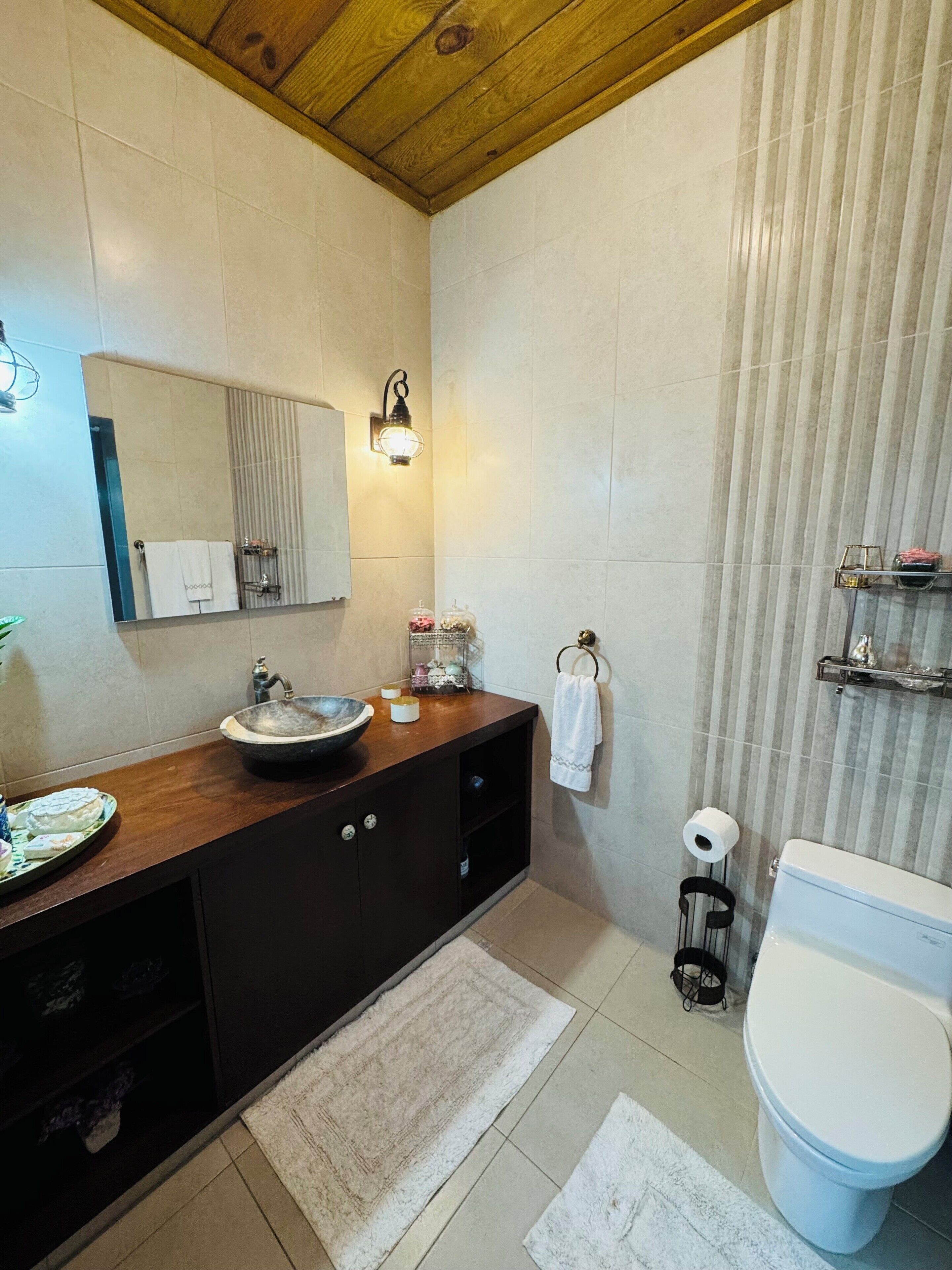 Une salle de bain moderne avec un meuble-lavabo en bois, un grand miroir, un lavabo et des toilettes.