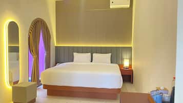 Desk, blackout curtains, soundproofing, iron/ironing board