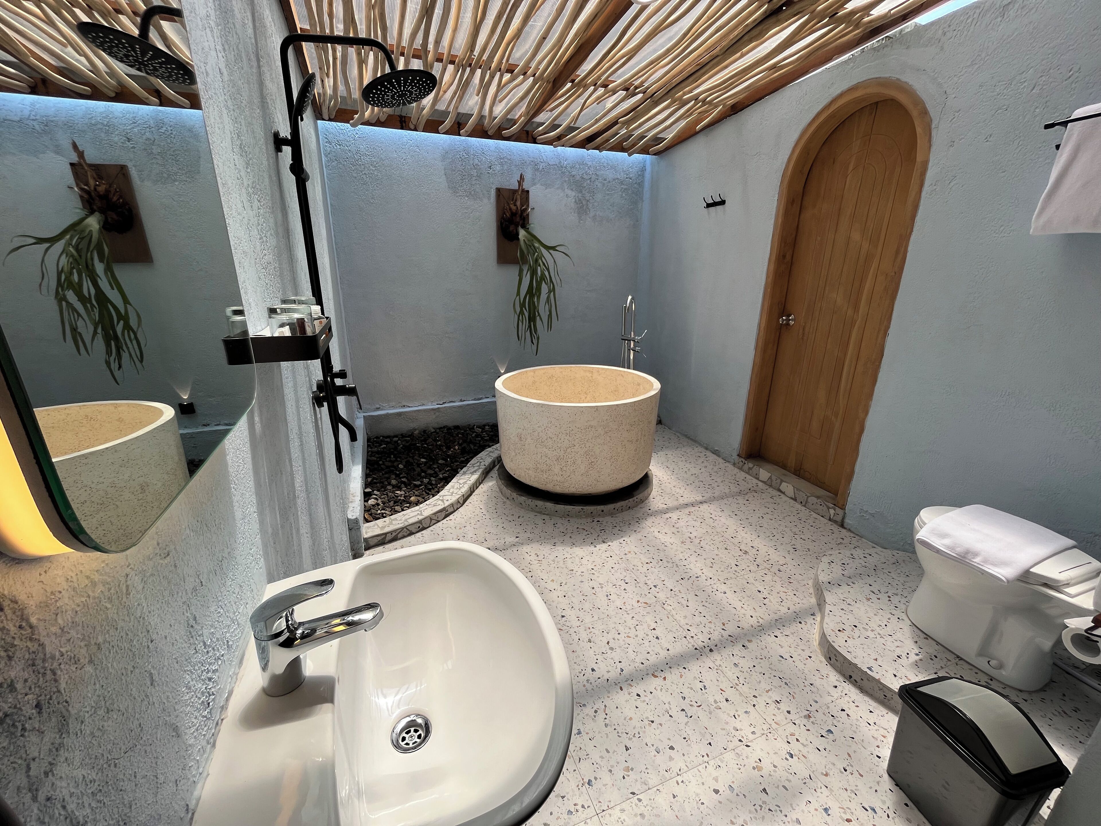 Hair dryer, slippers, towels, soap