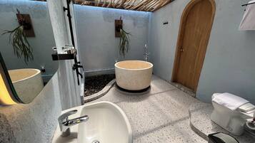 Hair dryer, slippers, towels, soap