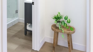 Un couloir avec une douche en verre, un petit tabouret sur lequel est posée une plante et une œuvre d’art encadrée accrochée au mur.