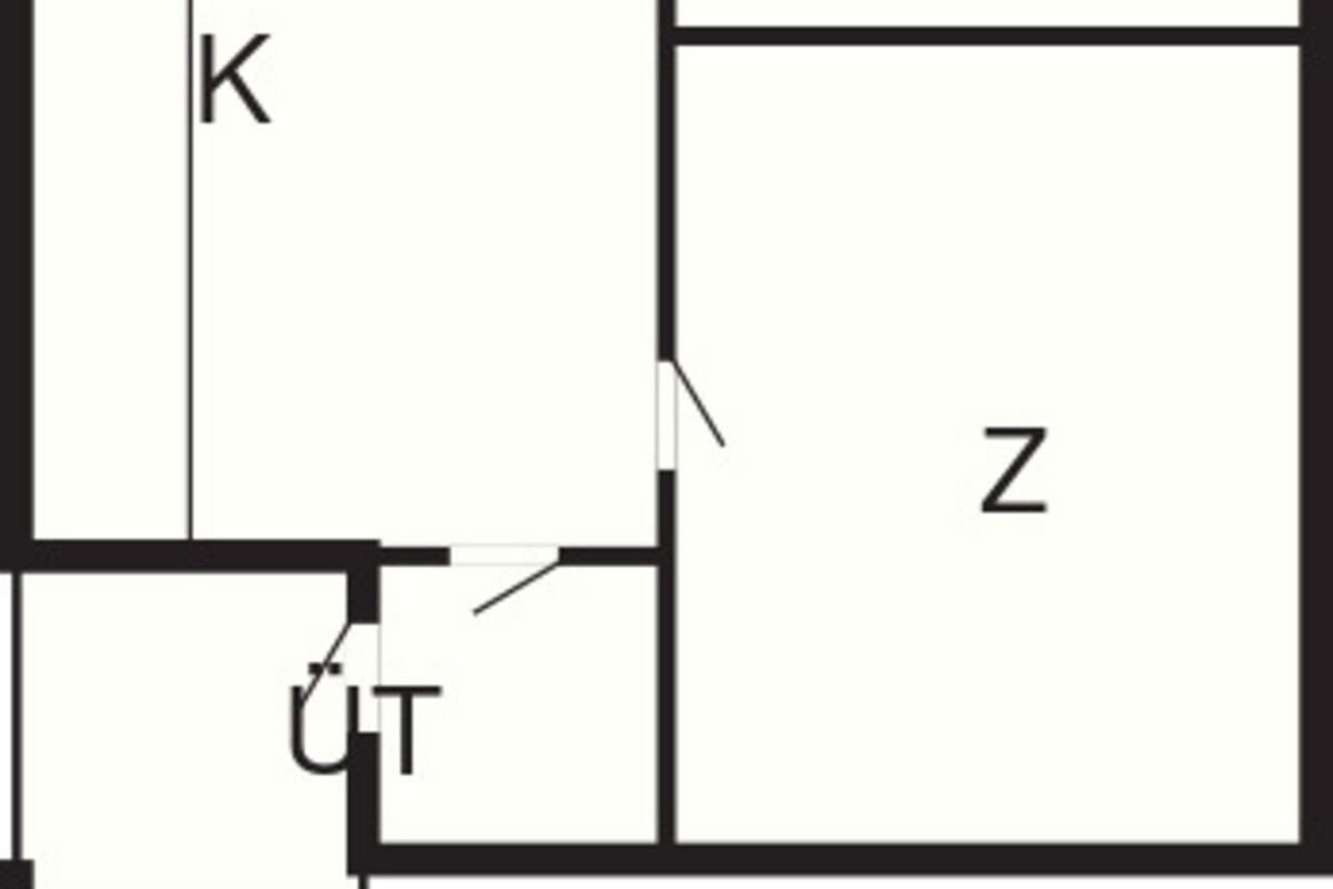 Een plattegrond met de kamers E, W, B, Z en K aangeduid.