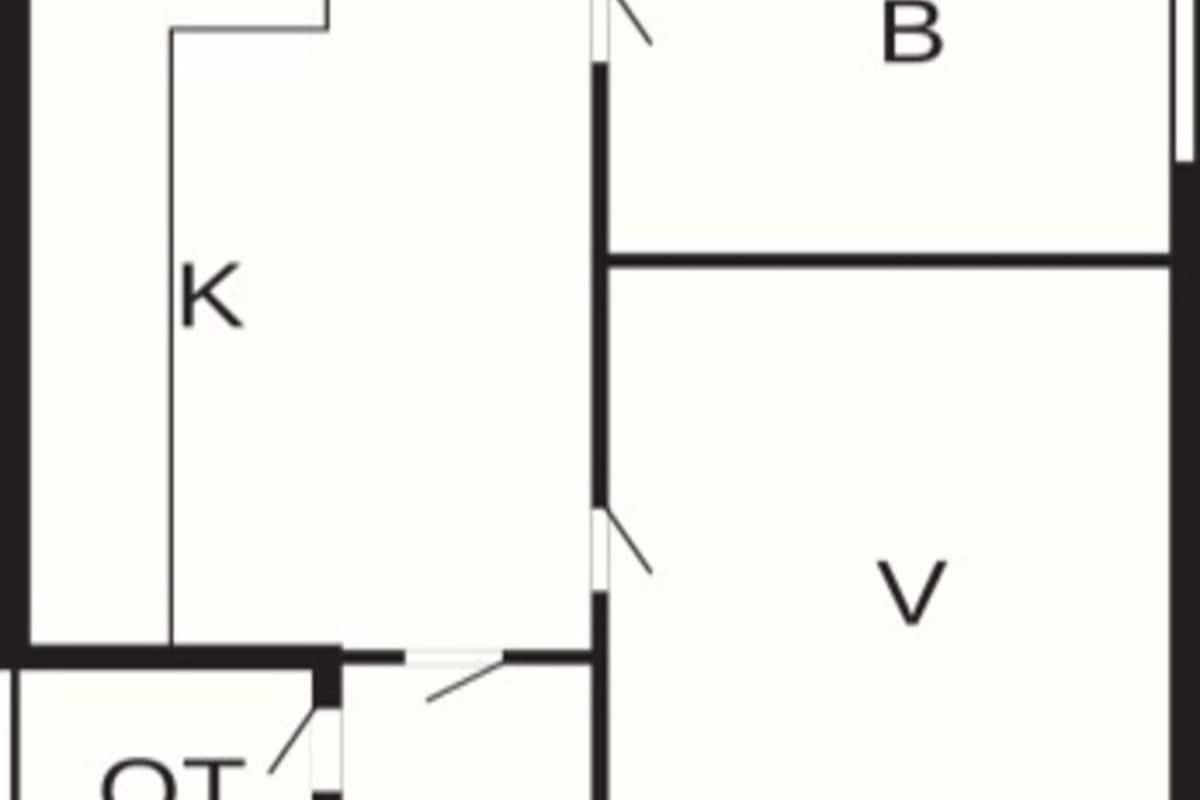Een plattegrond met aangeduide kamers: SP, O, B, V en K.