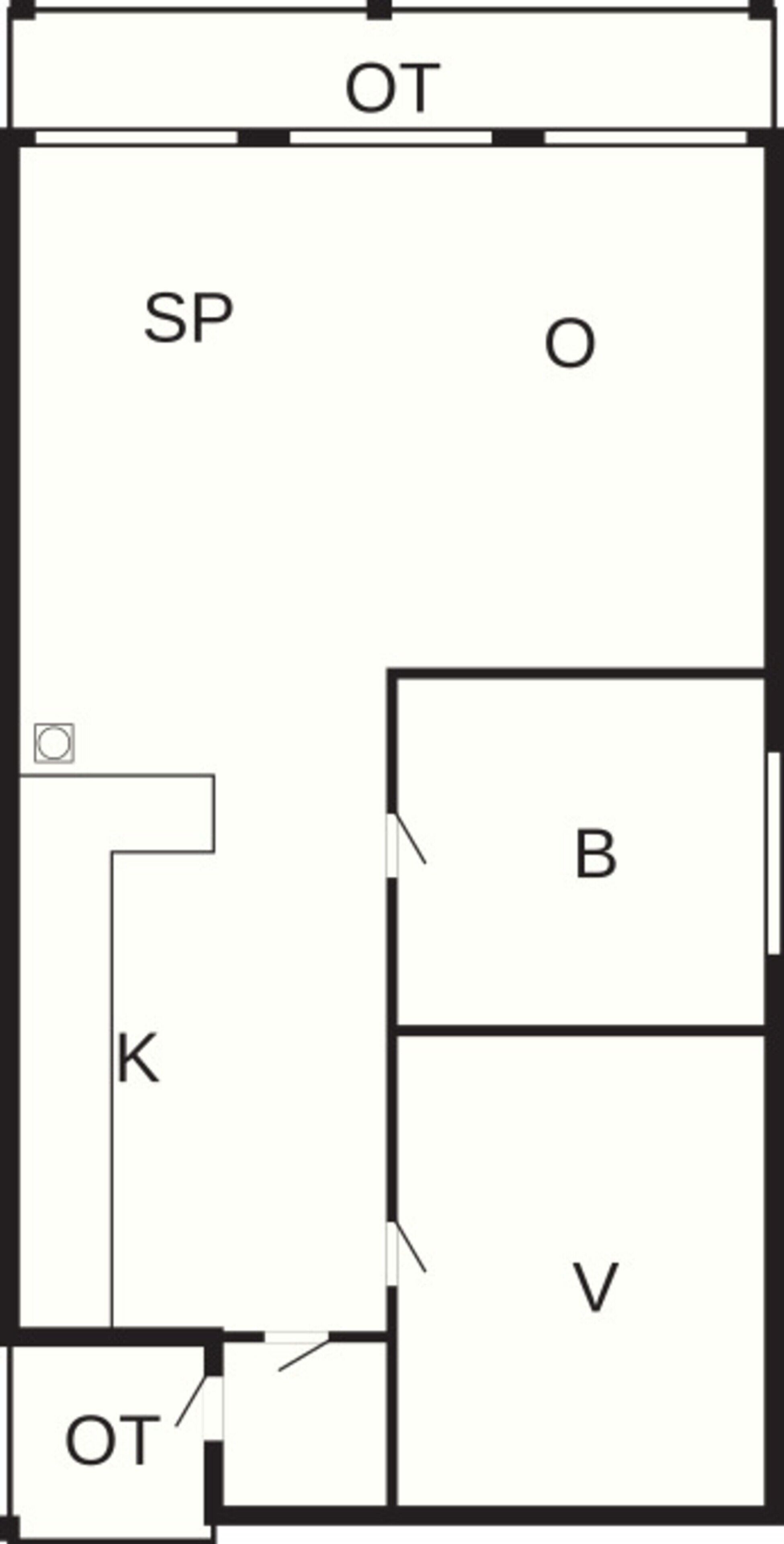 Plano de planta con habitaciones identificadas: SP, O, B, K, V y OT.