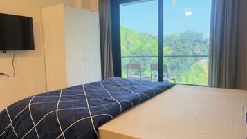 A room with a bed, a wardrobe, a television, and a window with a view of greenery.