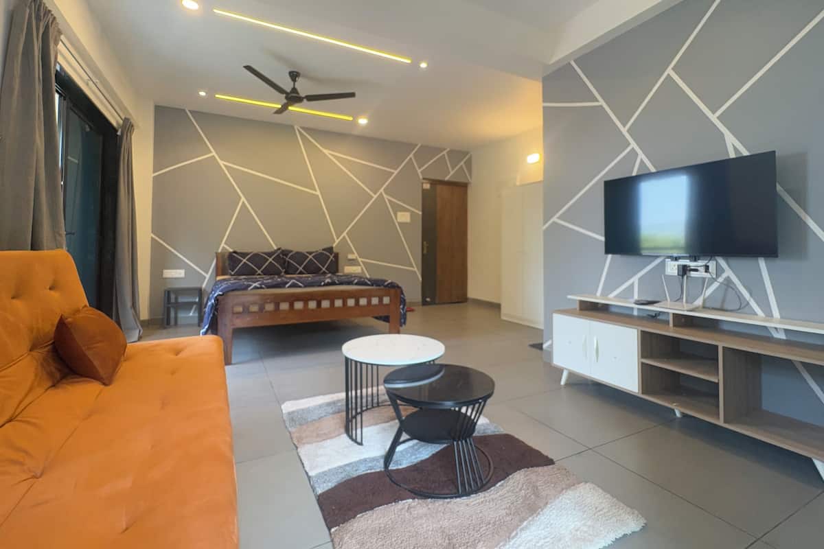 A modern living room with a sofa, a bed, a TV, and a ceiling fan.