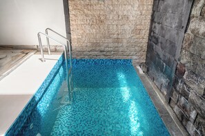 A swimming pool with a tiled floor and a metal ladder. - Lumbung Sari Studio (Kuta)