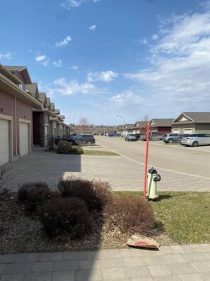 A residential street with houses, parked cars, and a fire hydrant.