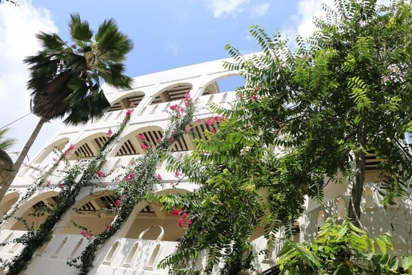Un bâtiment blanc doté de nombreuses arcades et de balcons, entouré d’une végétation luxuriante et de plantes en fleurs.
