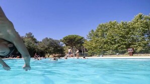 Une piscine à l’eau d’un bleu cristallin, entourée d’arbres et délimitée par une clôture.
