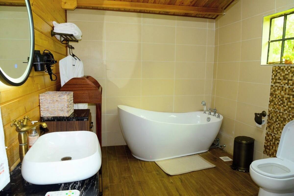 A bathroom with a freestanding bathtub, a sink, and a toilet.