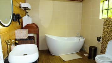 Cottage, Garden View | Bathroom | Hair dryer, slippers, towels, soap