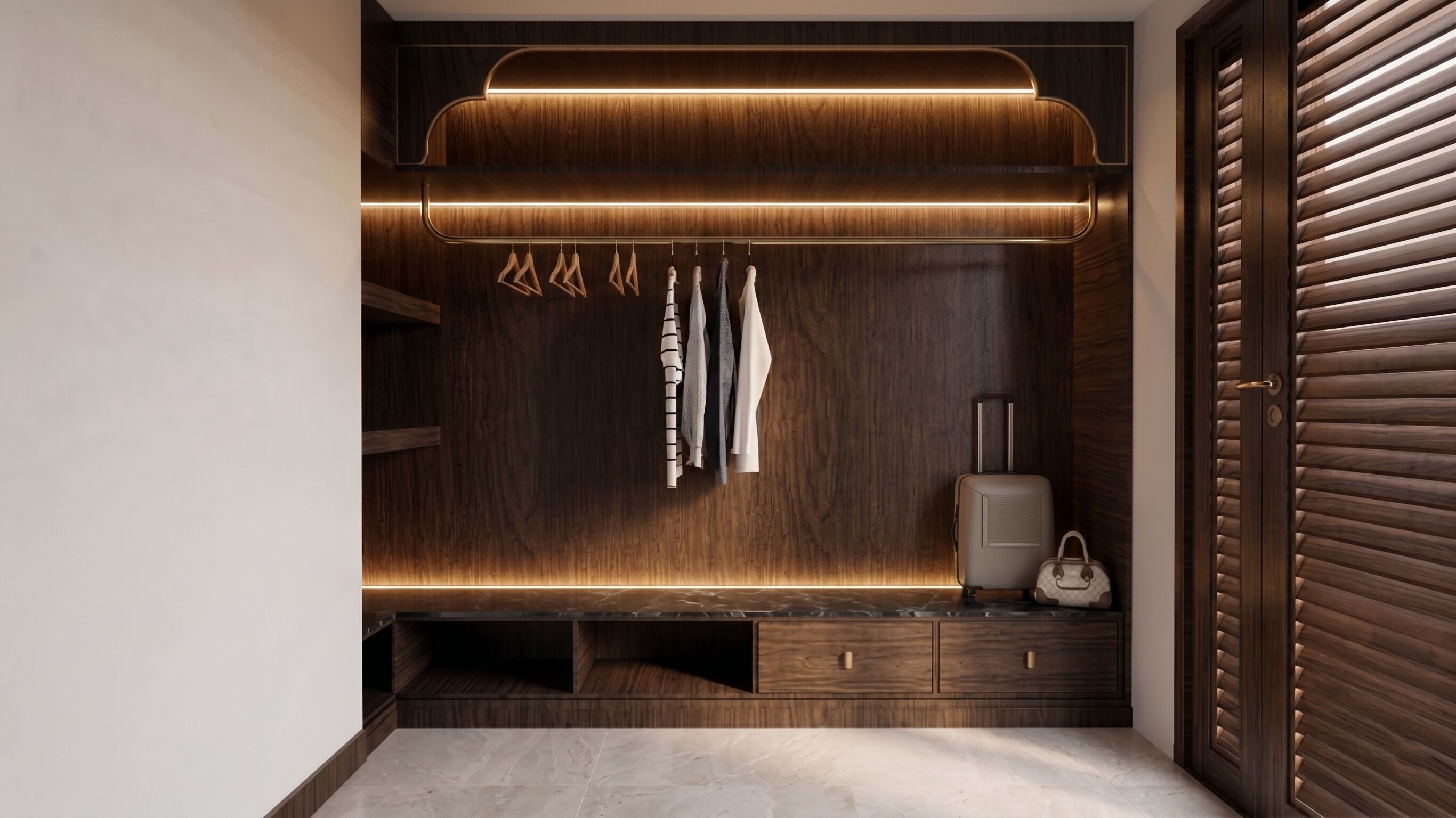 A walk-in closet with a wooden wardrobe, a hanging rack, and a suitcase.