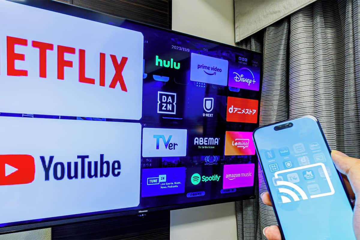A television displaying various streaming service logos, including Netflix, Hulu, and YouTube.