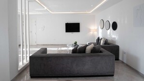 A modern living room with a grey sofa, a flat-screen TV, and a coffee table. - Luxurious Villa in La Marsa Elegance Comfort & Ideal Location (La Marsa)