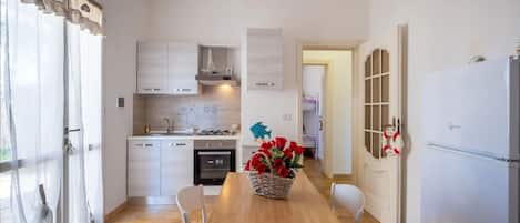 Fridge, oven, stovetop, cookware/dishes/utensils