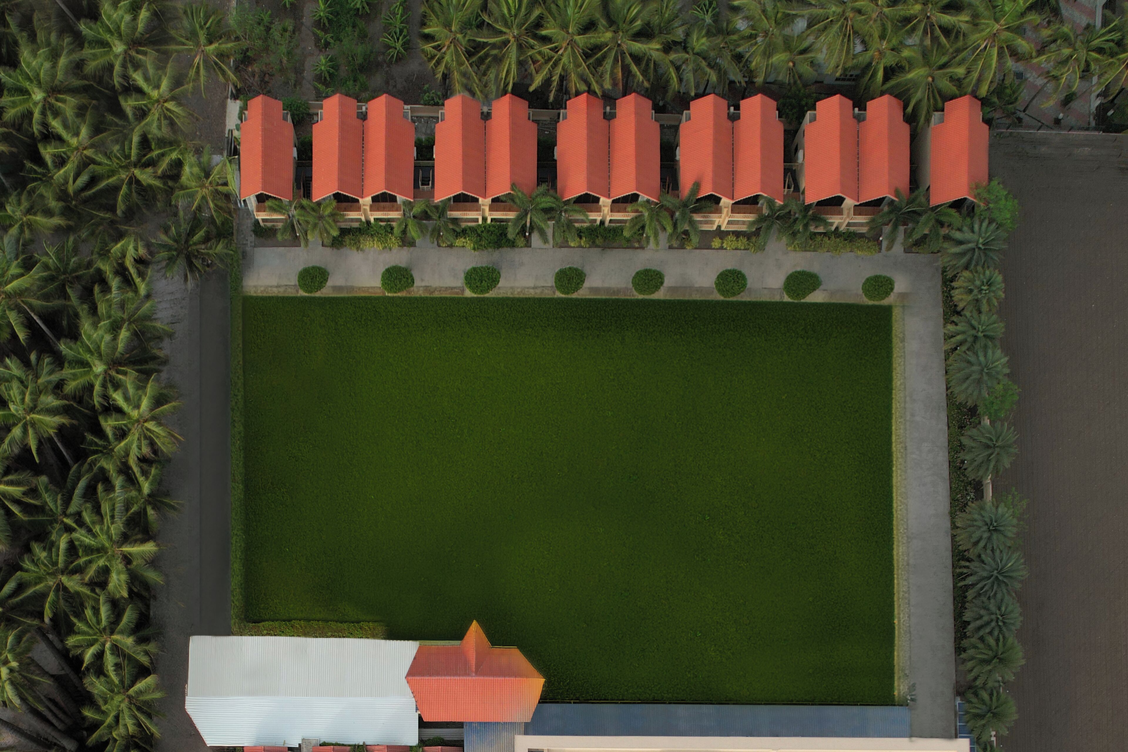 A rooftop with a green lawn, a white building, and red-roofed structures.