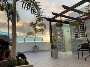 Une terrasse sur le toit agrémentée de plantes en pot, d’une pergola et offrant une vue sur la mer au coucher du soleil.