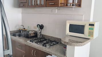 Réfrigérateur, micro-ondes, plaque de cuisson, cafetière/bouilloire