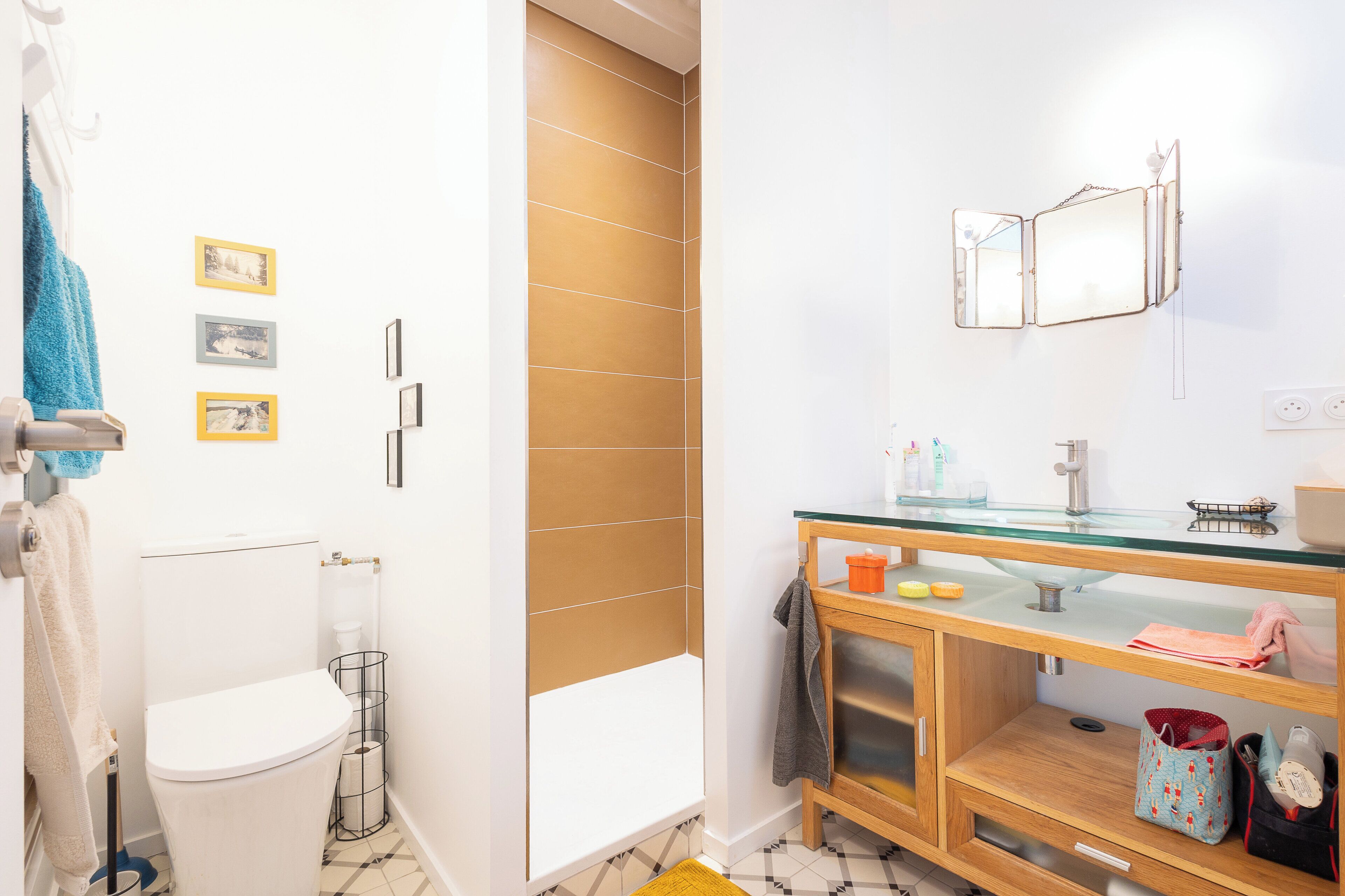 Douche, serviettes fournies, papier toilette