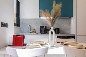 Fridge, microwave, oven, stovetop - Lumenia Aura - a refined and design-forward ground-floor apartment (Corfu)
