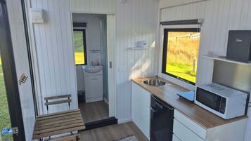 Fridge, microwave, stovetop, electric kettle