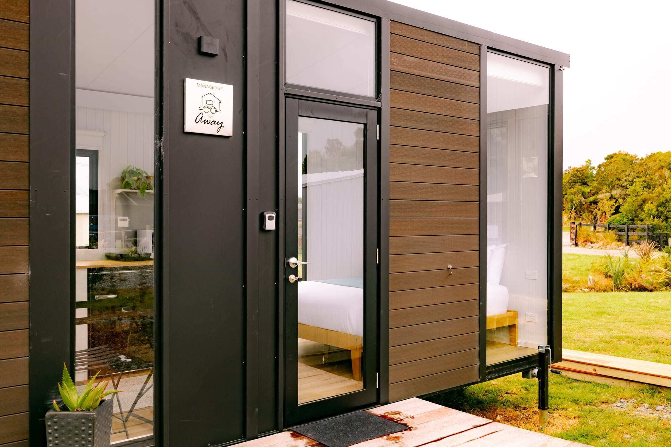 A modern, compact room with a bed, a small desk, and a potted plant.