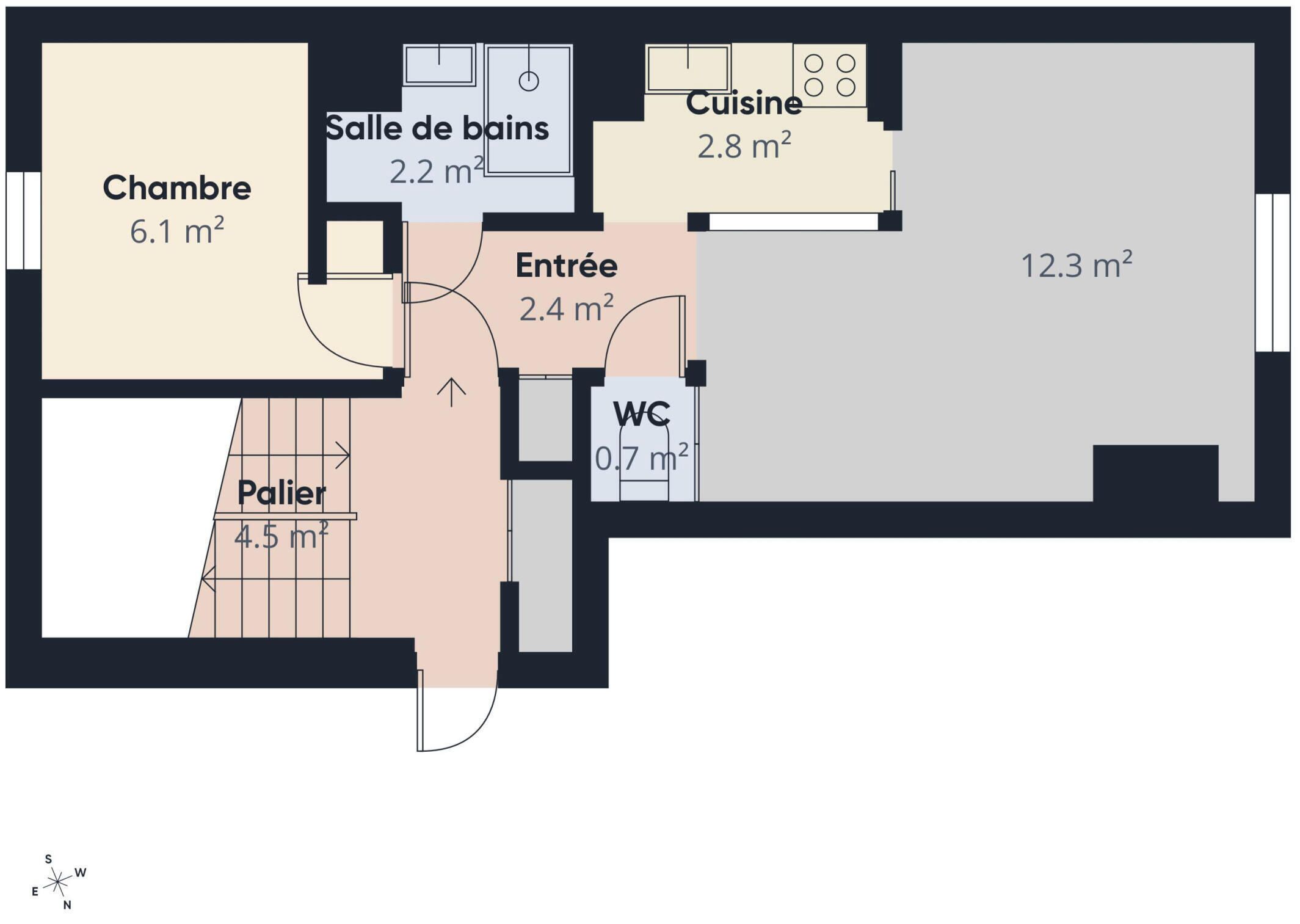 Un plan d’étage comprenant une chambre (6,1 m²), une salle de bain (2,2 m²), une cuisine (2,8 m²), un coin repas (12,3 m²), une entrée (2,4 m²), des toilettes (0,7 m²) et un balcon (4,5 m²).