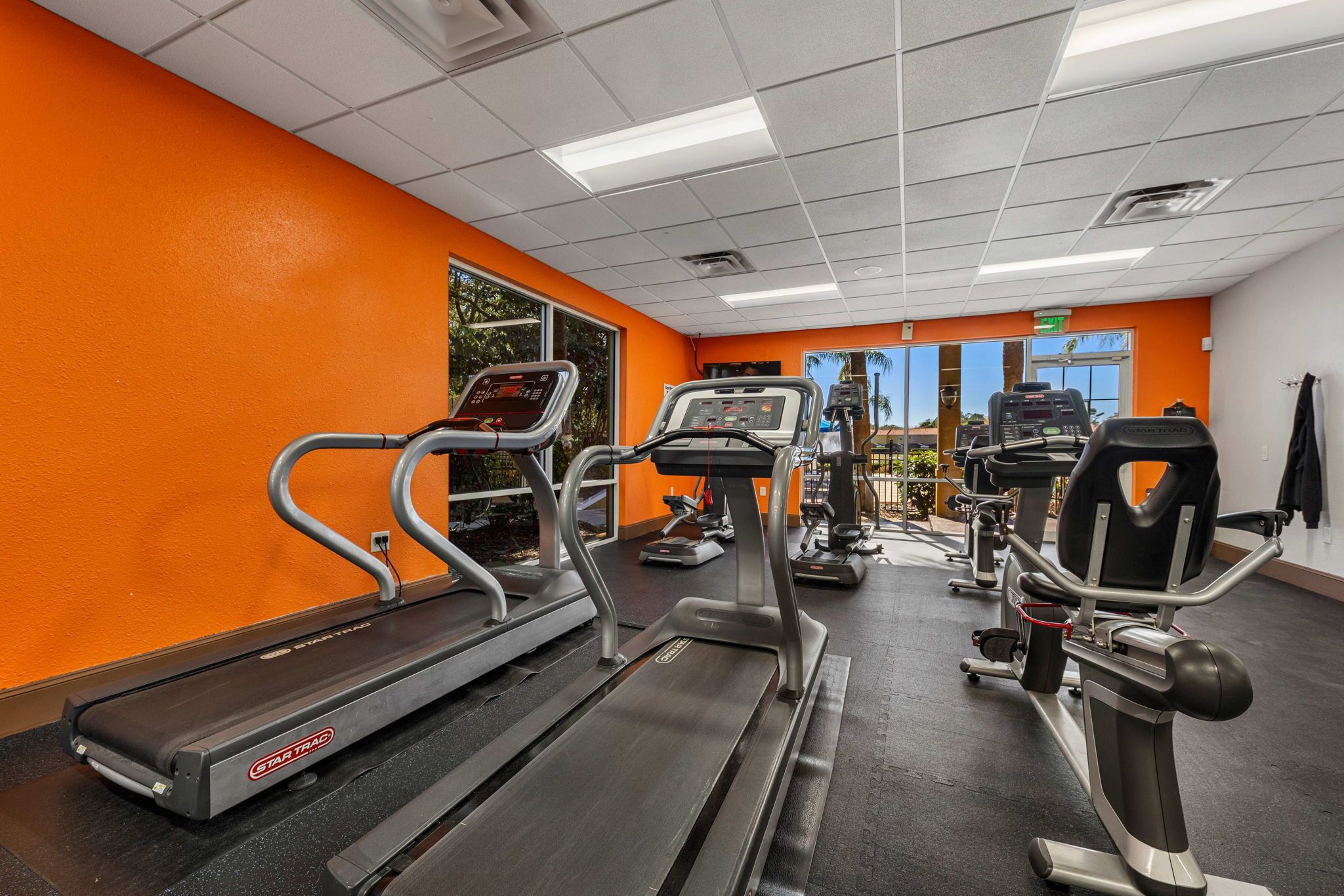 A gym with treadmills, elliptical machines, and weight equipment.