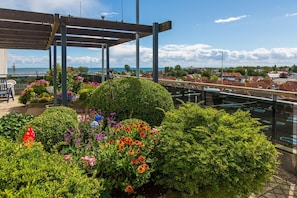 Ein Balkon mit einer Pergola, Topfpflanzen und Blick auf das Meer und Gebäude.