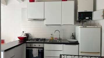 Een koelkast, een oven, een kookplaat, een vaatwasser