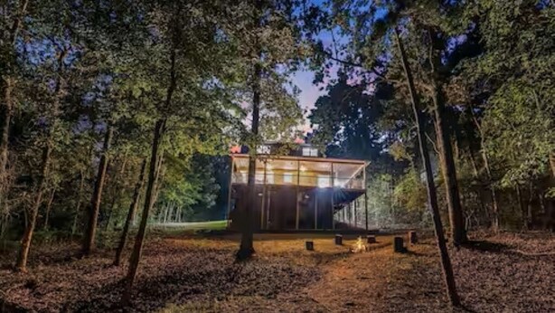 Una cabaña moderna en un bosque, con fachada de vidrio y rodeada de árboles.