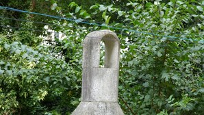 A stone-built outdoor oven with a chimney, surrounded by potted plants and a brick wall.