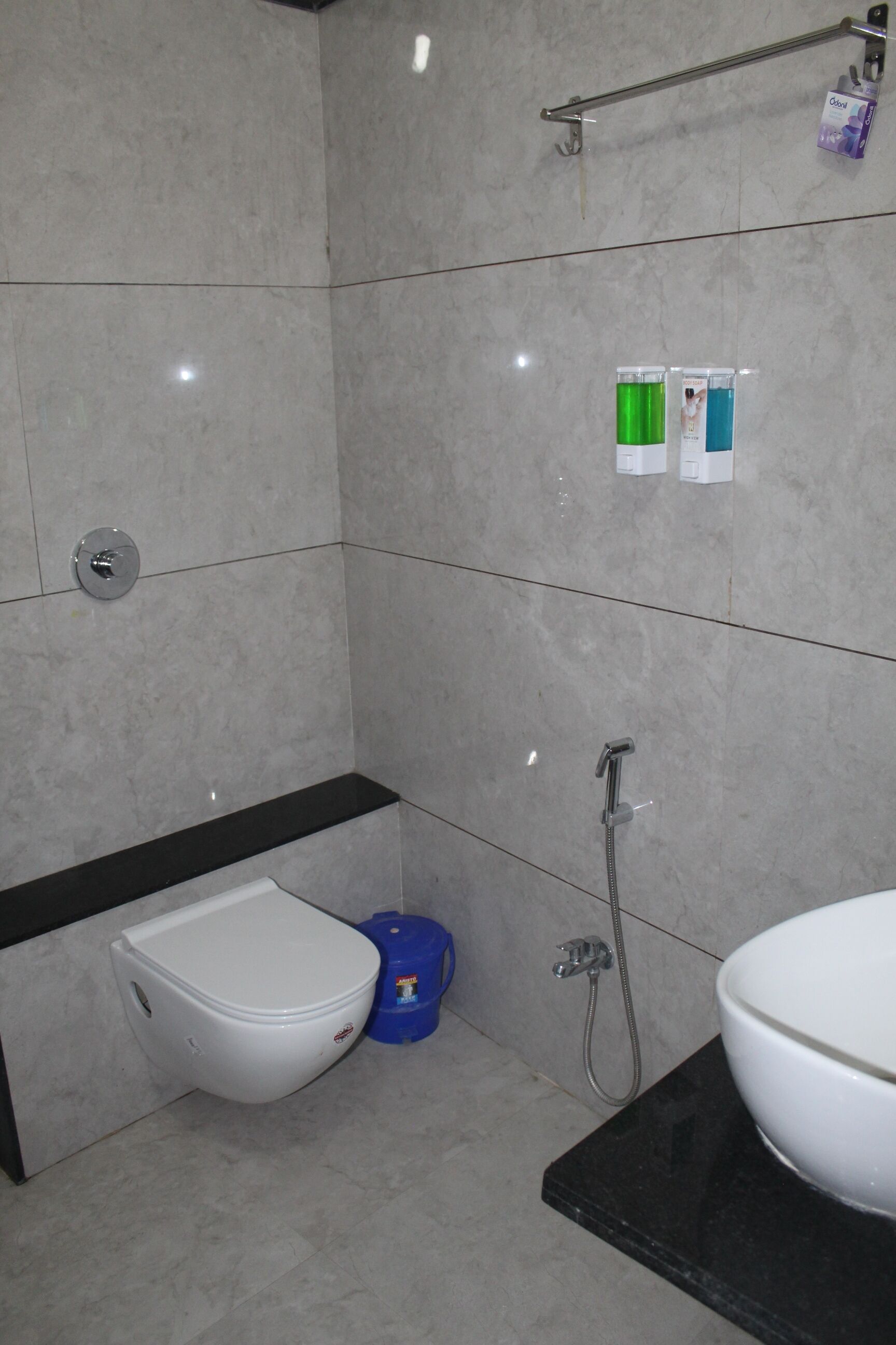 A bathroom with a toilet, bidet, shower, and sink.