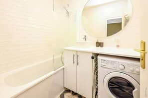 Hair dryer, towels, toilet paper