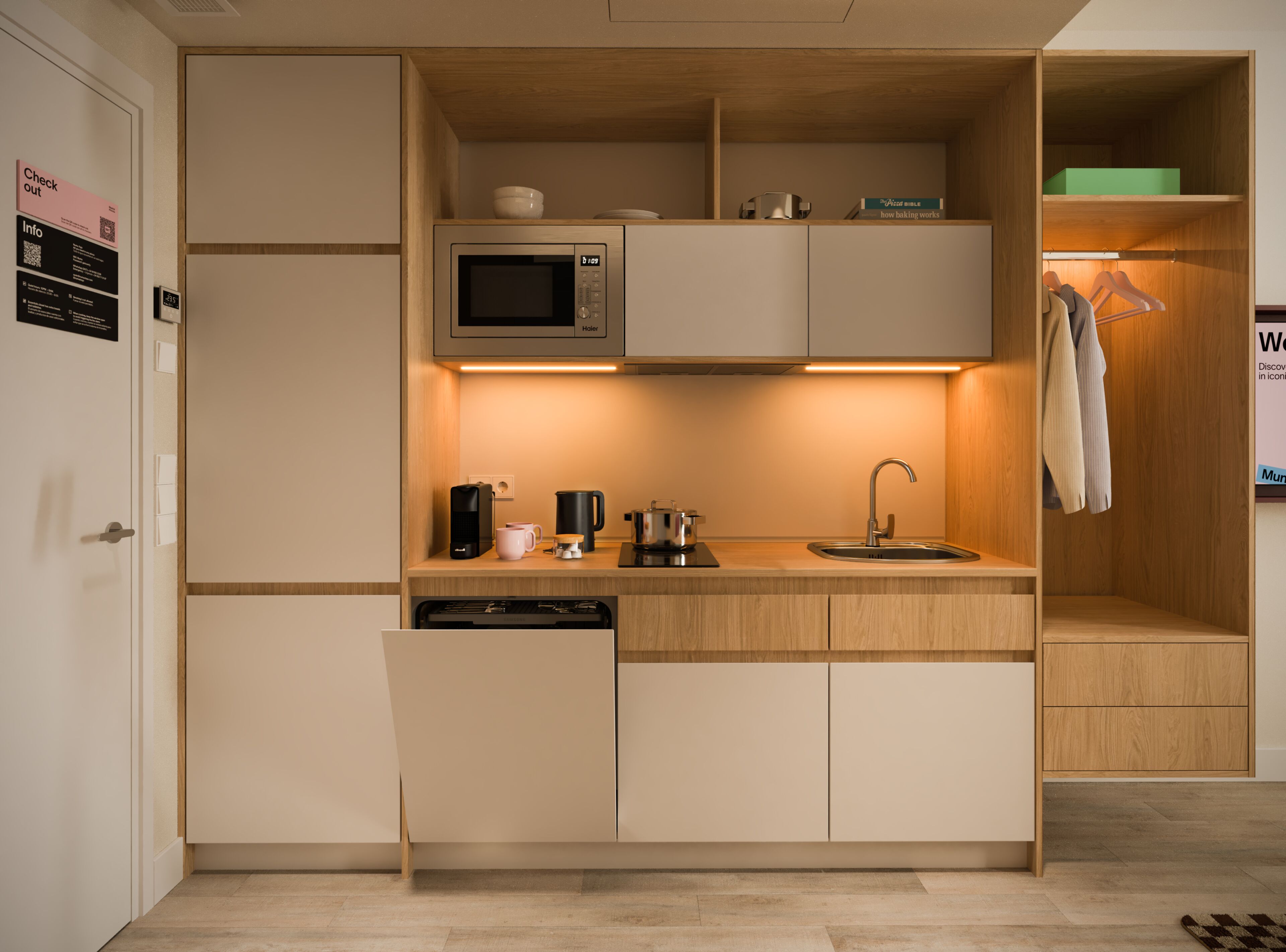 Een minikoelkast, een microgolfoven, een kookplaat, een vaatwasser