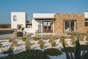 Ein modernes Haus mit Terrasse, Schwimmbad und Garten mit verschiedenen Pflanzen.
