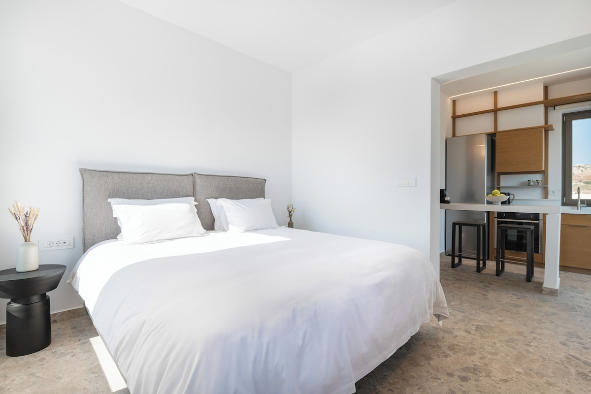 Quarto de hotel moderno com cama grande, pequena cozinha e vista para o exterior.
